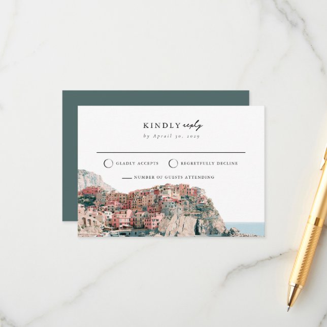 Mediterranean Mail Back Cinque Wedding RSVP Card (Front/Back In Situ)