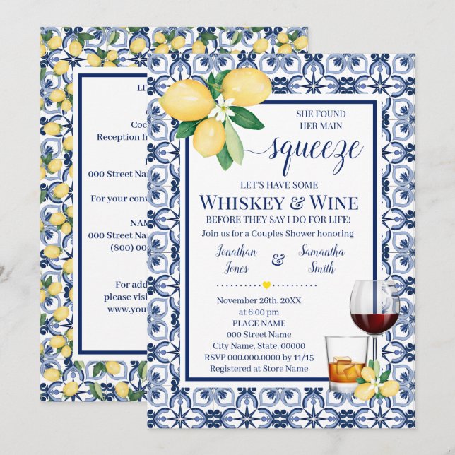 Mediterranean Main Squeeze Whiskey & Wine Shower Invitation (Front/Back)
