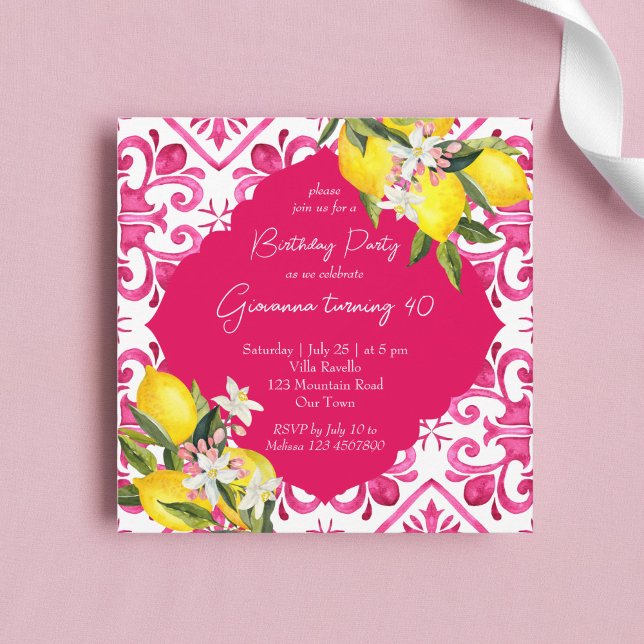 Mediterranean Majolica magenta tiles lemon party Invitation (Creator Uploaded)