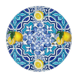 Mediterranean,majolica,tiles ,lemons,citrus cutting board