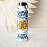Mediterranean Majolica tiles print blue and yellow Water Bottle<br><div class="desc">Bridesmaid gift bridal party favours Majolica blue yellow tiles personalized name water bottle.</div>
