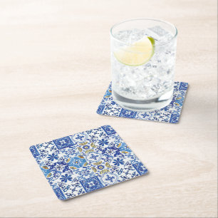 Mediterranean Moroccan Mosaic Tiles Blue Yellow  Square Paper Coaster