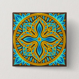Mediterranean Moroccan Tile Pattern Blue and Gold 2 Inch Square Button