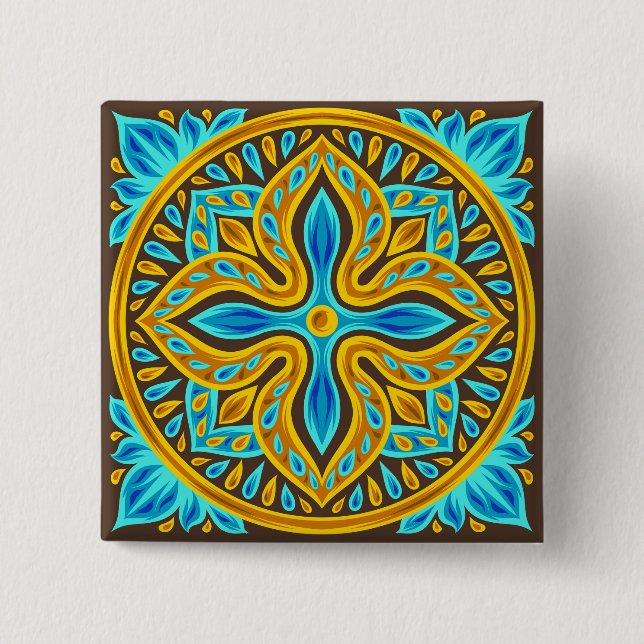 Mediterranean Moroccan Tile Pattern Blue and Gold 2 Inch Square Button (Front)