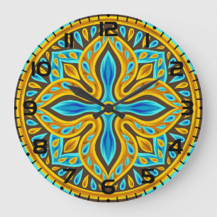Mediterranean Moroccan Tile Pattern Blue and Gold Large Clock