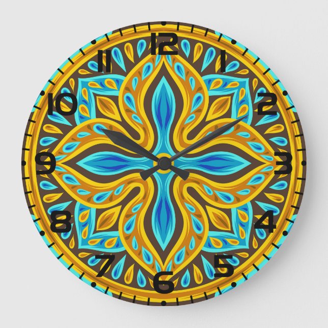 Mediterranean Moroccan Tile Pattern Blue and Gold Large Clock (Front)