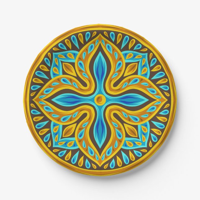 Mediterranean Moroccan Tile Pattern Blue and Gold Paper Plate (Front)