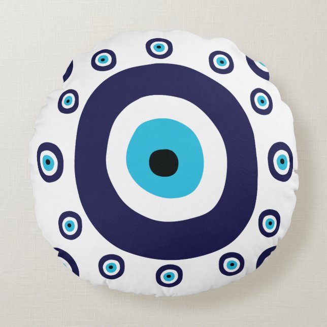 Mediterranean Navy Aqua Blue Nazar Lucky Evil Eye Round Pillow (Front)