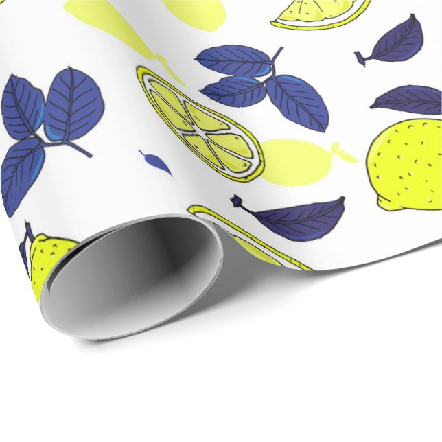 Mediterranean Navy Blue Yellow Lemons Pattern Wrapping Paper (Roll Corner)