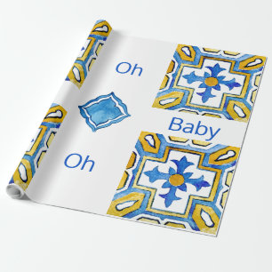 Mediterranean Oh Baby Blue and Yellow Shower  Wrapping Paper