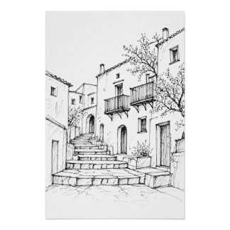 Mediterranean Old town Pen Art Poster