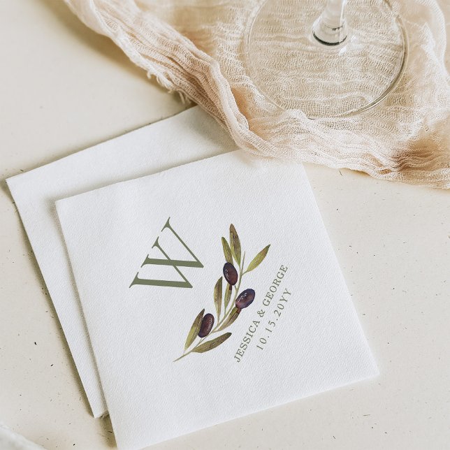Mediterranean Olive Branch Custom Monogram Napkin (Creator Uploaded)