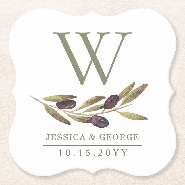 Mediterranean Olive Branch Custom Monogram Sage Paper Coaster (Front)