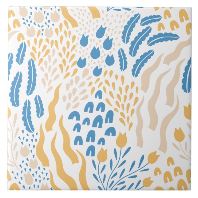 Mediterranean Orange Blue Pink Floral Pattern Cute Tile (Front)