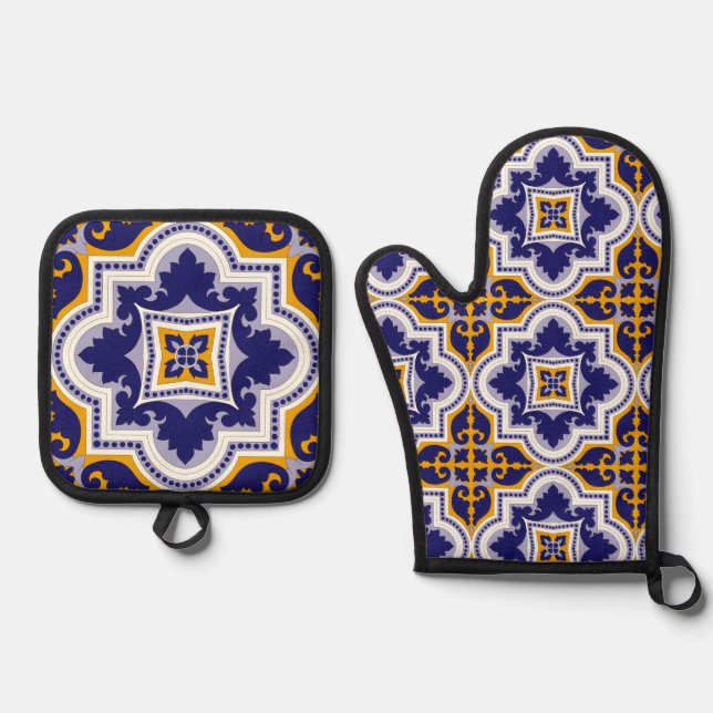 Mediterranean Pattern Kitchen Oven Mitt & Pot Holder Set (Front)