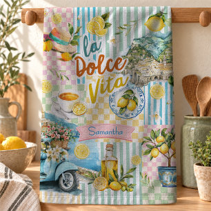 Mediterranean pink Turquoise Citrus Collage Kitchen Towel