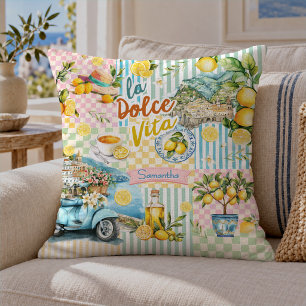Mediterranean pink Turquoise Citrus Collage Throw Pillow