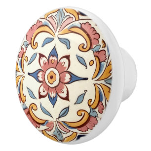 Mediterranean Pink Yellow Blue Flower Floral Ceramic Knob