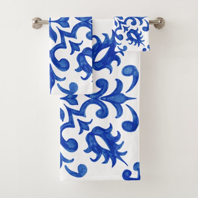 Mediterranean Portuguese Blue Tile Bath Towel Set (Insitu)