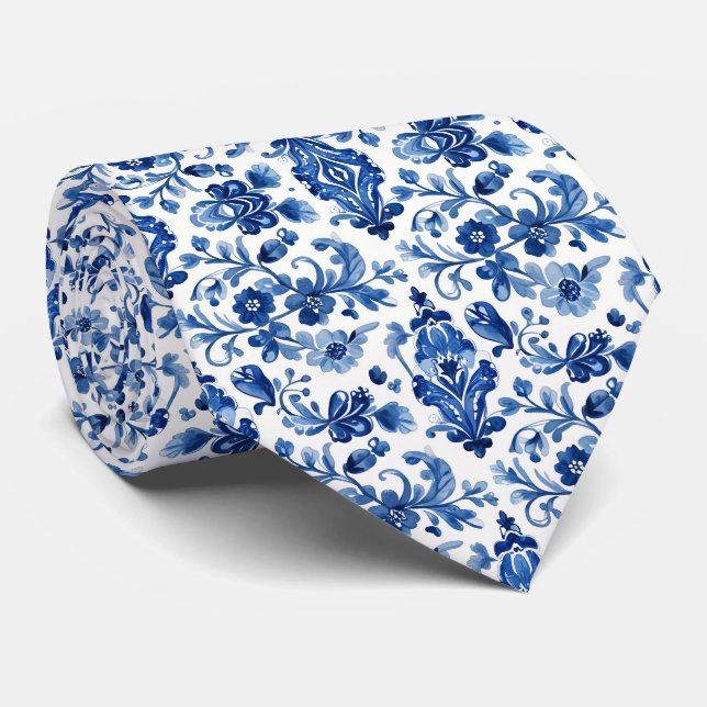 Mediterranean Portuguese Blue Tile Detail Tie (Rolled)