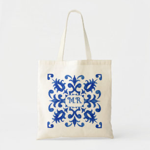 Mediterranean Portuguese Blue Tile Monogram Tote Bag
