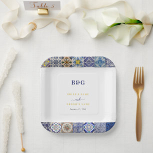 Mediterranean Portuguese Tiles Pattern Wedding Paper Plate