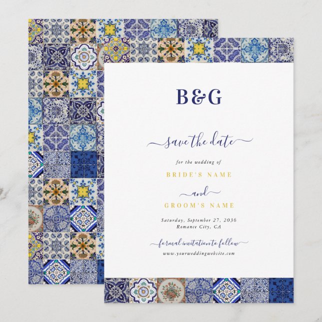 Mediterranean Portuguese Tiles Pattern Wedding Save The Date (Front/Back)