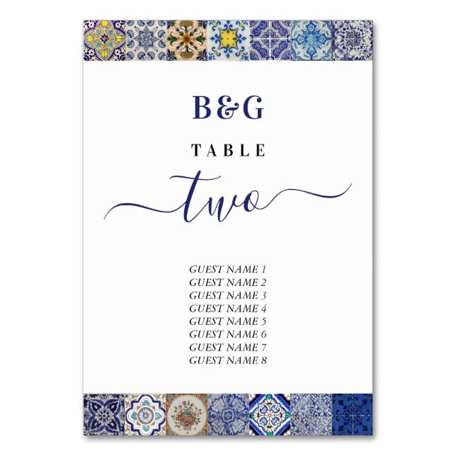 Mediterranean Portuguese Tiles Pattern Wedding Table Number (Front)