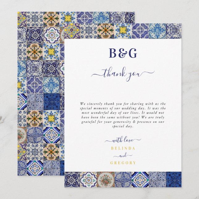 Mediterranean Portuguese Tiles Pattern Wedding Thank You Card (Front/Back)