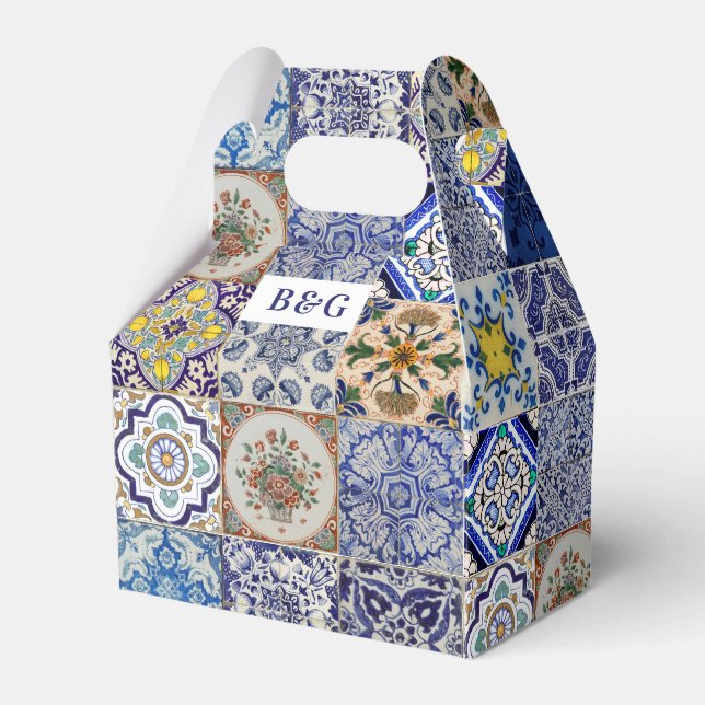 Mediterranean Portuguese Tiles Wedding Favour Favor Box (Front Side)