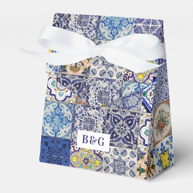 Mediterranean Portuguese Tiles Wedding Favour Favor Box (Front Side)