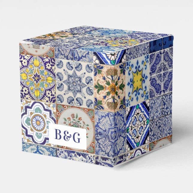 Mediterranean Portuguese Tiles Wedding Favour Favor Box (Front Side)