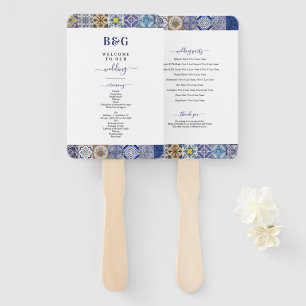 Mediterranean Portuguese Tiles Wedding Program Hand Fan