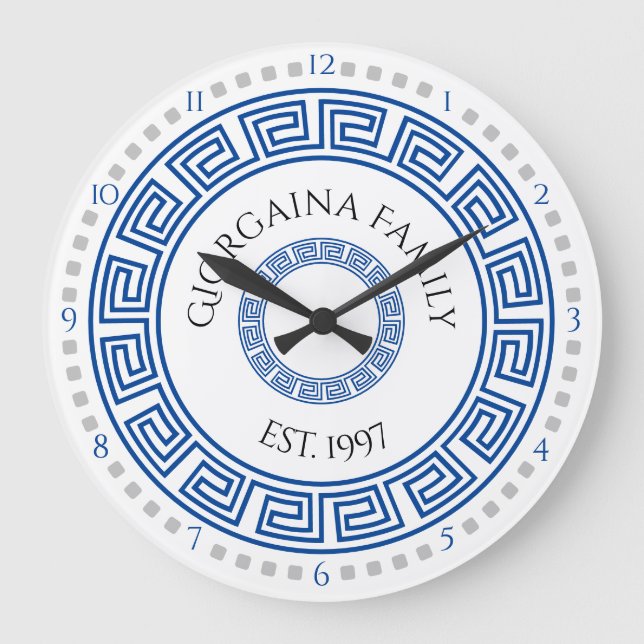 Mediterranean Round Greek Key Custom Name  Large Clock (Front)