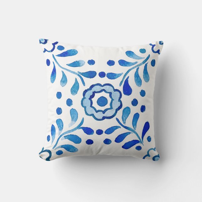 Mediterranean Royal Blue Tile Santorini  Throw Pillow (Front)