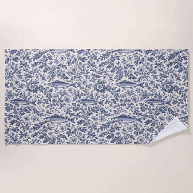 Mediterranean Sardine Chinoiserie Beach Towel | Bl (Front)