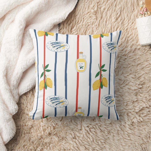 Mediterranean Sardines and Lemons Pattern Throw Pillow (Blanket)