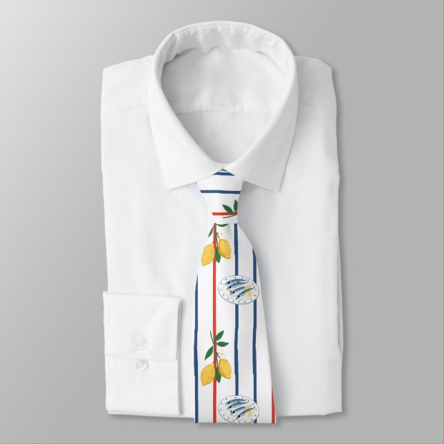 Mediterranean Sardines and Lemons Pattern Tie (Tied)