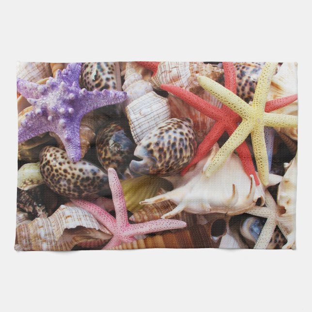Mediterranean sea shells and starfish kitchen towel (Horizontal)