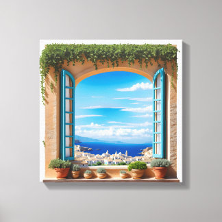 Mediterranean Sea View Window | Aegean Island Town Canvas Print