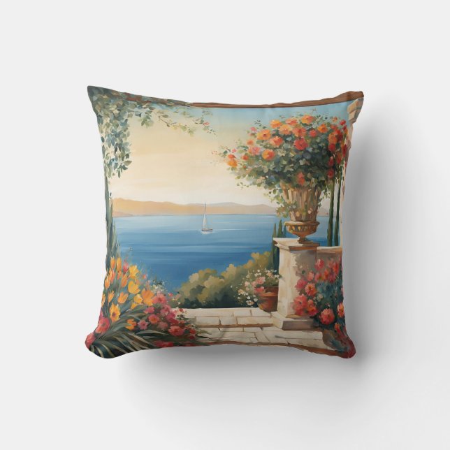 Mediterranean Sea View With Flowers Throw Pillow (Front)