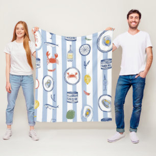 Mediterranean Seafood Sardine Blue Stripe Pattern Fleece Blanket