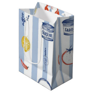Mediterranean Seafood Sardine Blue Stripe Pattern Medium Gift Bag