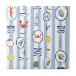 Mediterranean Seafood Sardine Blue Stripe Pattern Tile