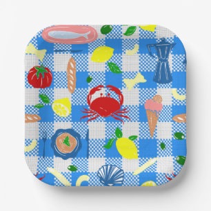 mediterranean seaside picnic seafood crab gingham paper plate