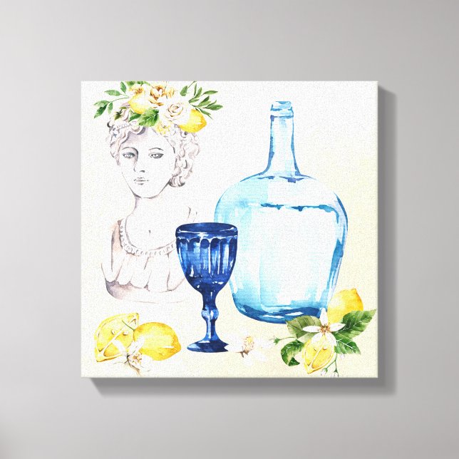 Mediterranean set  lemons and blue glass canvas print (Front)