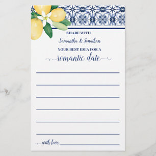 Mediterranean Share a Date Idea Shower Game Card