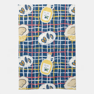 Mediterranean Shellfish and Olive Oil Pattern Kitchen Towel