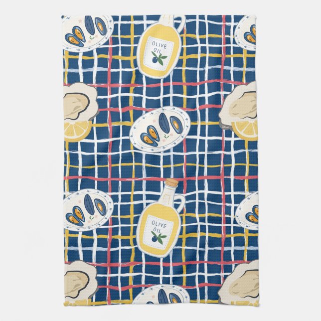Mediterranean Shellfish and Olive Oil Pattern Kitchen Towel (Vertical)