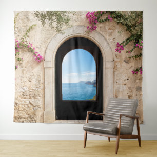 Mediterranean Stone Arch Ocean Wedding Backdrop Tapestry
